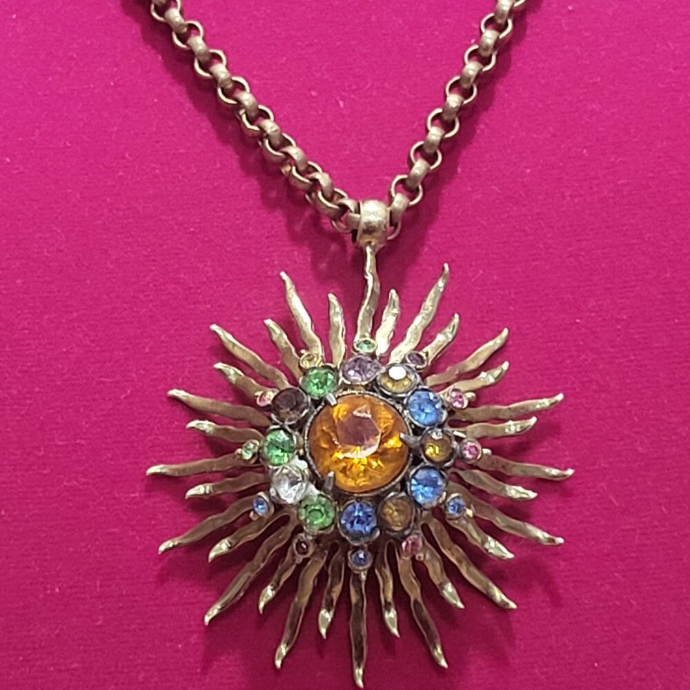 Brass Sunburst Gold Tone Pendant Chain Necklace Colorful Rhinestones Talon High